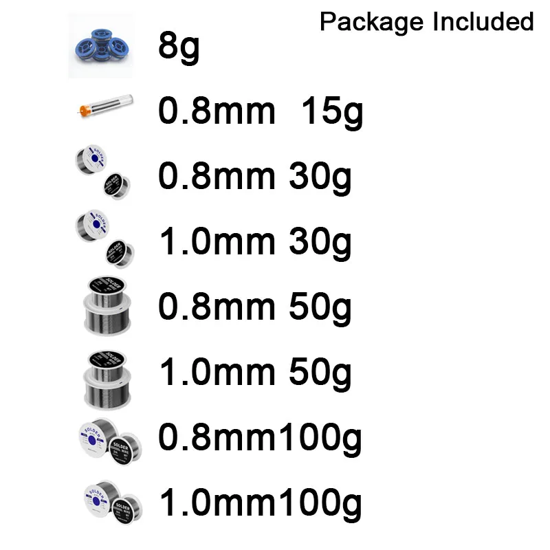 Imagem -06 - Jogo do Fio da Solda da Lata para a Soldadura Eletrônica Fluxo 20 Rolo de Fio da Lata de Solda No-clean 30g 50g 100g 0.8 mm 1.0 mm