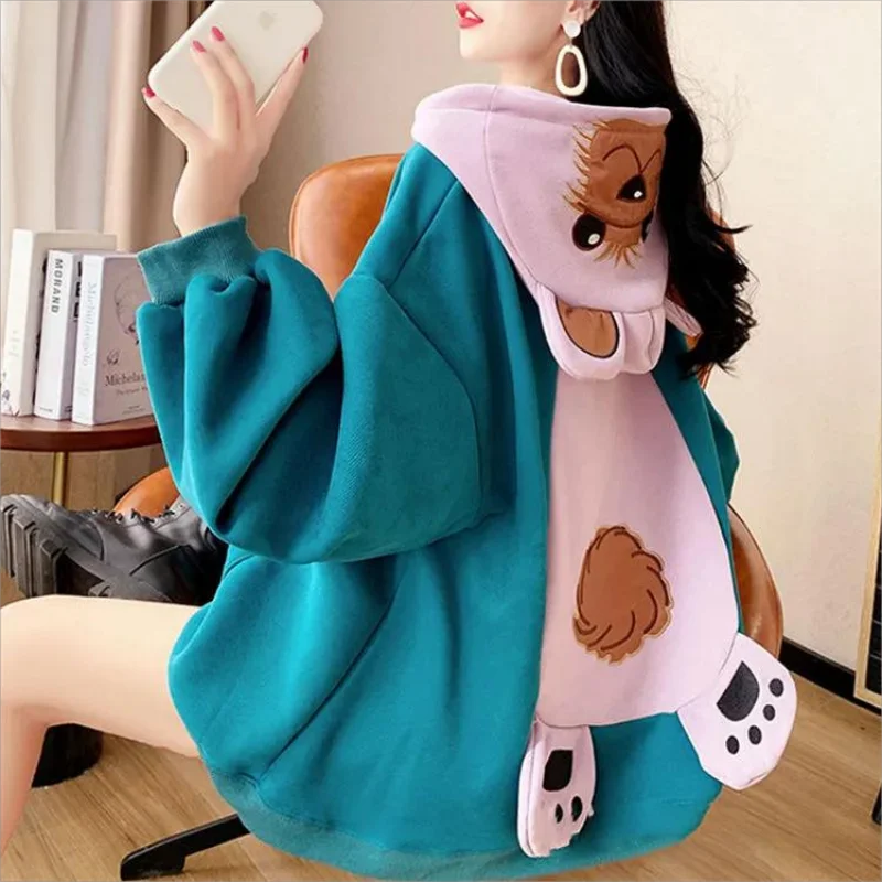 

Women's Hoodies Thick Autumn Winter Velvet Warm Sweatshirts Korean Girls Oversize Comic Bear Hooded Loose Tops