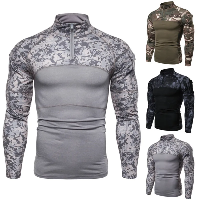 Long-sleeved T-shirt Camouflage Spliced Tight-fitting Stand-up Collar Fashionable Comfortable All-matching Casual Personality