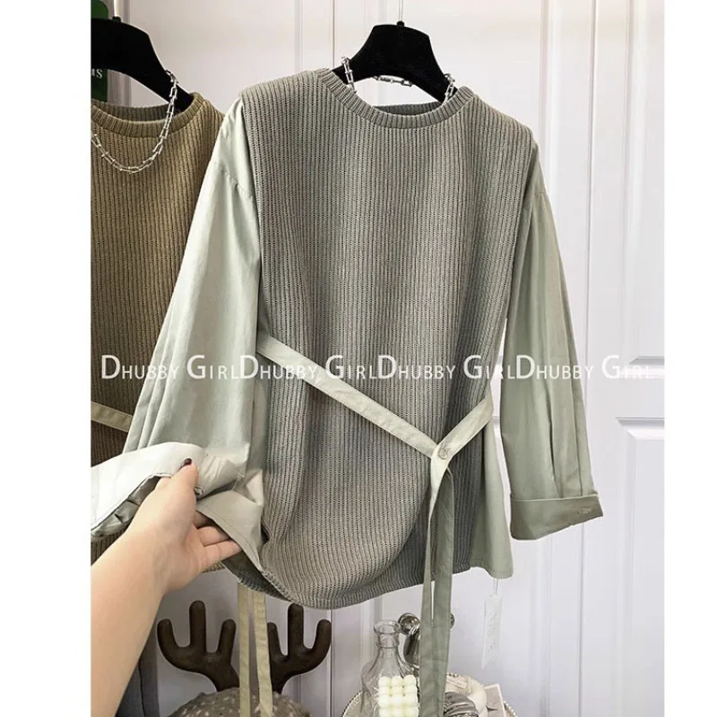 Fall Knit Patchwork Blouse Women Fashion Loose Round Neck Comfortable Long-sleeved Shirt Elegant Top