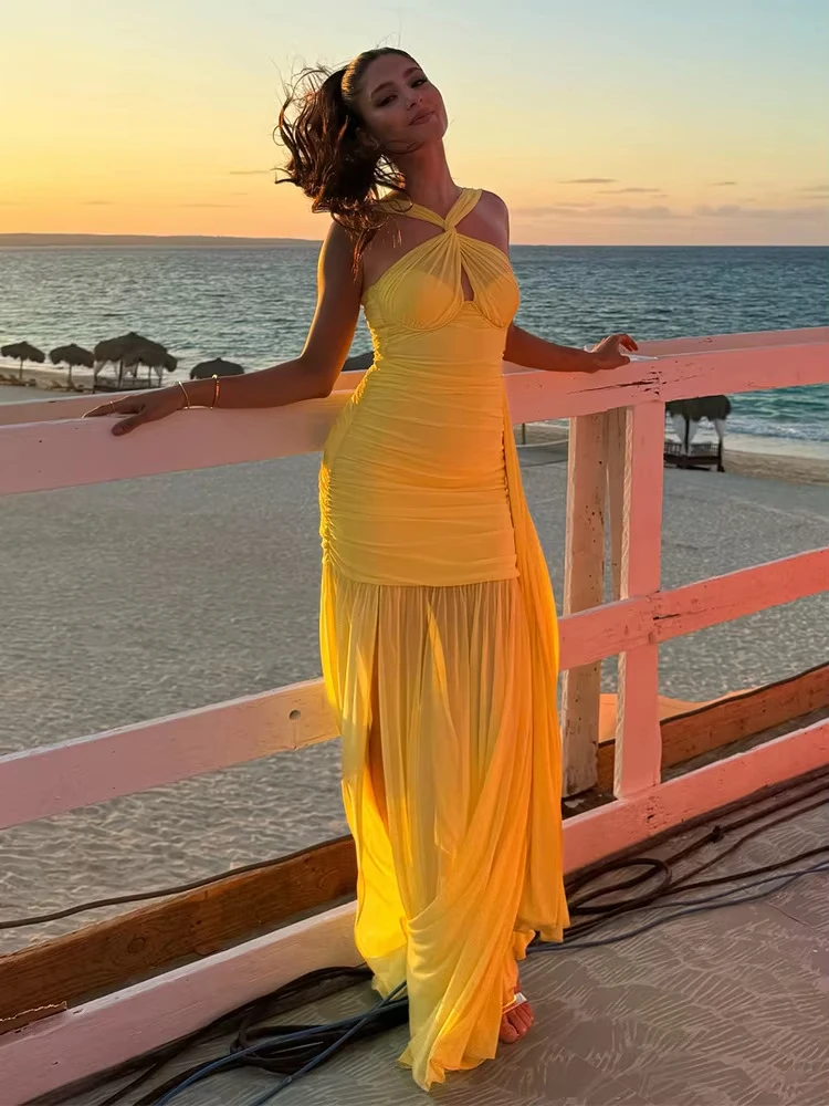 Women Sexy Sleeveless Mesh Yellow Maxi Long Badycon Dress 2024 Celebrity Elegant Birthday Party Evening Club Vestido Clothing