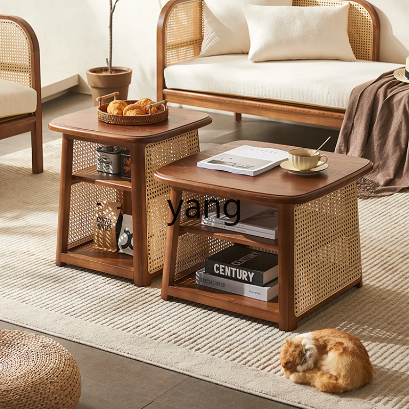 Yhl High and Low Combination Vintage Solid Wood Rattan Square Side Table