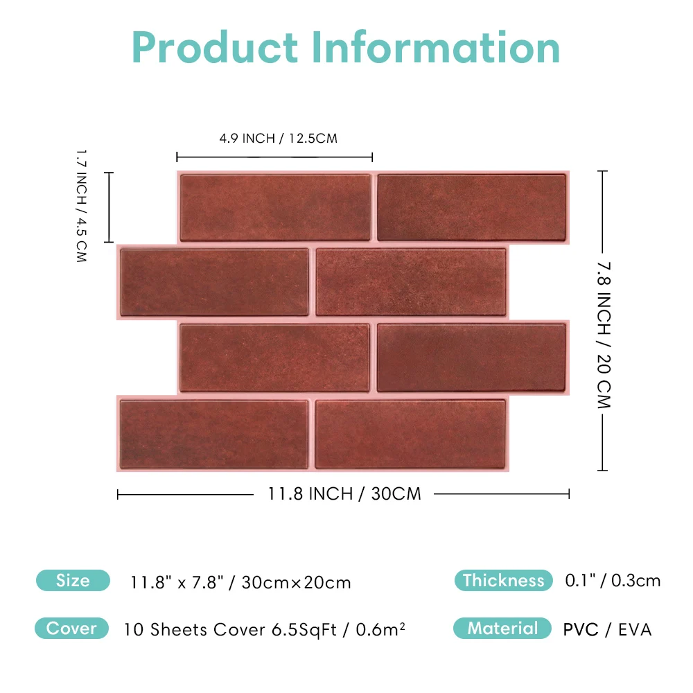 16/32PCS Red Subway Tile 3D Peel and Stick Wall Panels, Self-Adhesive PVC Wall Tiles for Kitchen, Bathroom & Living Room Decor