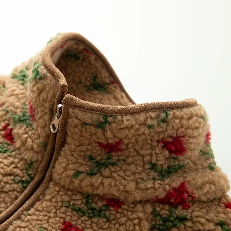 Fashion Floral Jacket For Women Autumn Winter New Warm Half-high Collar Long Sleeved Spliced ​​pocket Zipper Polar Fleece Coat