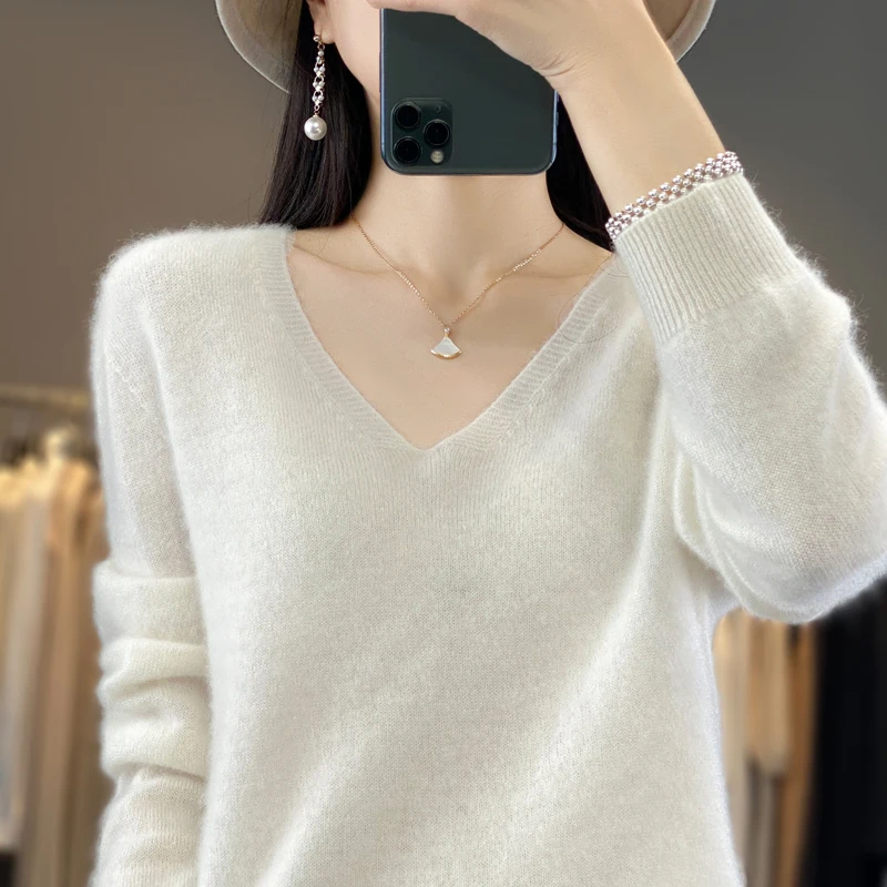 100% Wool Cashmere Sweater Women\'s 2023 Autumn/Winter New V-neck Knitted Pullover Solid Color Long Sleeve Soft Comfortable Top