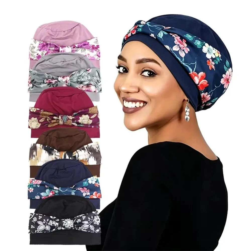 Soft Soft Elastic Pre-Tied Turban Hat Floral Print Pre-Tied Bow Head Wrap Beanie Solid Base Lightweight Chemo Cap Daily Wear
