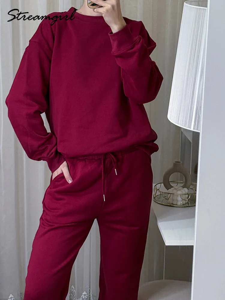 Burgundy Tracksuit Woman Two Piece Jogger Set Cotton Oversize Sweatpants Ladies Sport Suits Sweatsuits 2 Piece Set For Women
