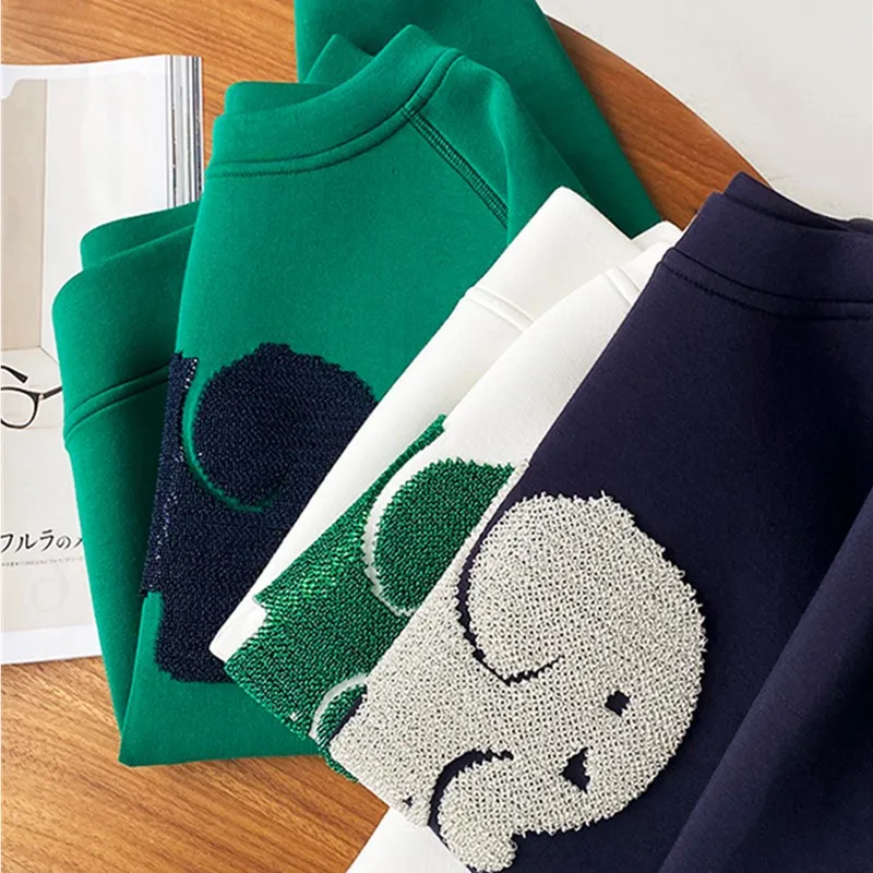 

Fleece Lined Hoodie Women's Korean Style Loose Fit Embroidered Design Spring Summer Casual Wear round Neck Long Sleeve T-Shir...