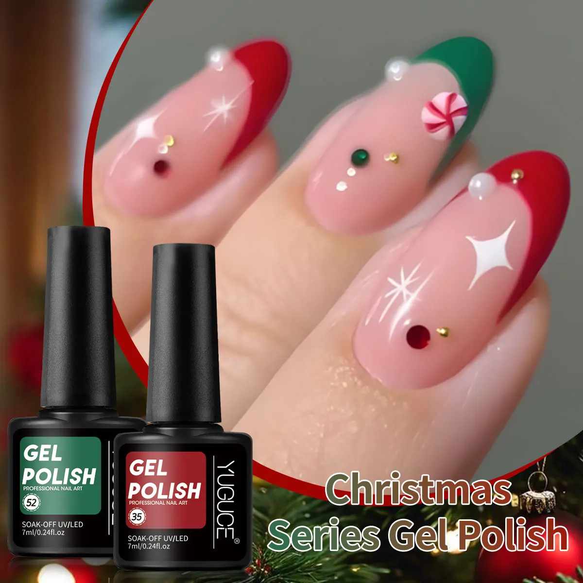 Yuguce 1 قطعة جل أظافر أحمر/ذهبي/أخضر/وردي، 0.24 أونصة، زجاجة مدمجة، خالية من الفورمالديهايد، نسيج غني، لامع ومرطب، مناسب لفن صالون الأظافر المنزلي للفتيات، فن أظافر عيد الميلاد #4