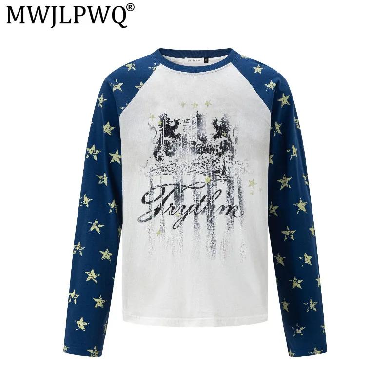 MWJLPWQ Printed Streetwear Long-Sleeve Men's T-Shirt American-Style Washed Distressed Vintage Style Round-Neck Loose Tops 20490