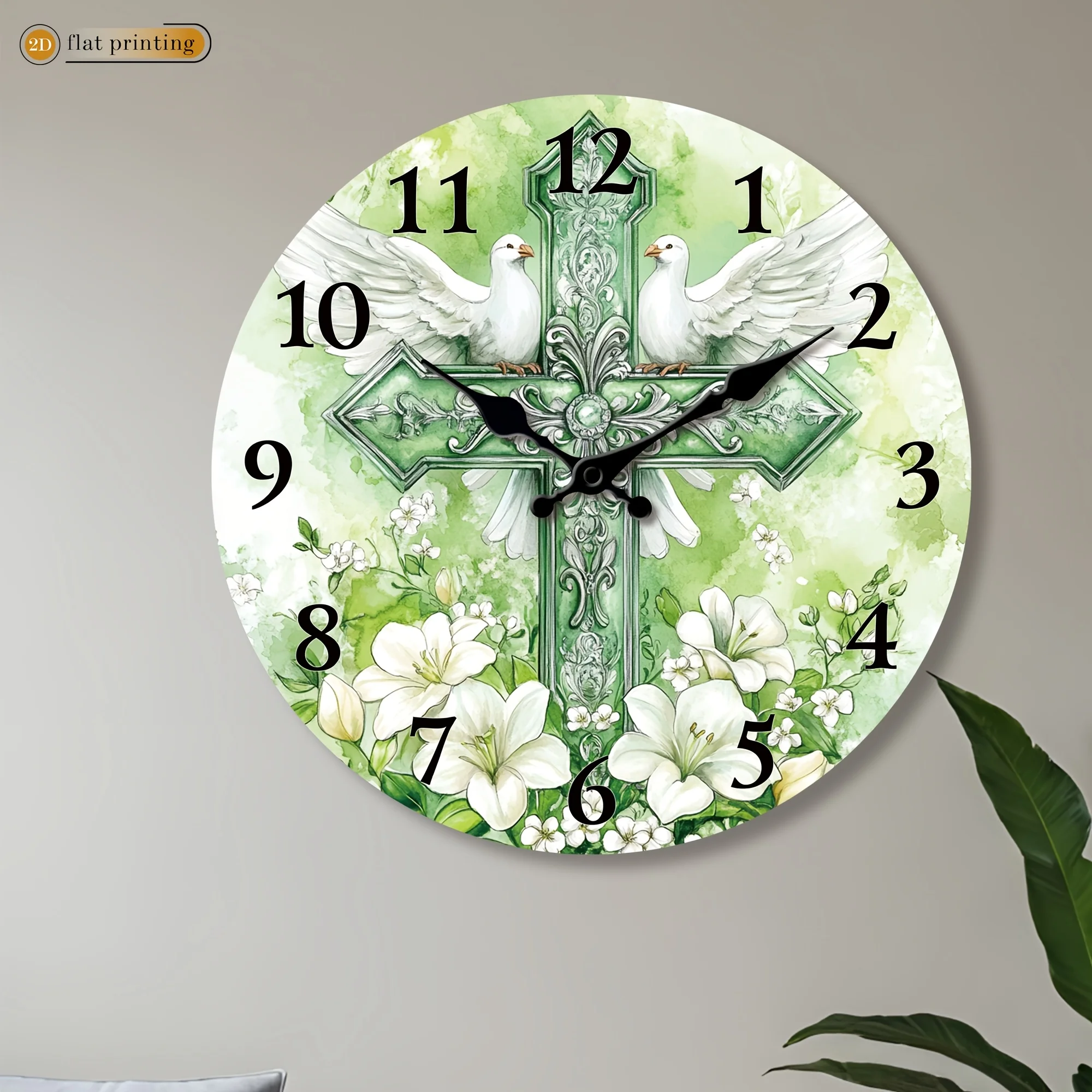 Cross Pattern, Decorated with White Doves And Flowers, Wooden Silent Wall Clock - 2D Flat Print, Suitable for Living Room