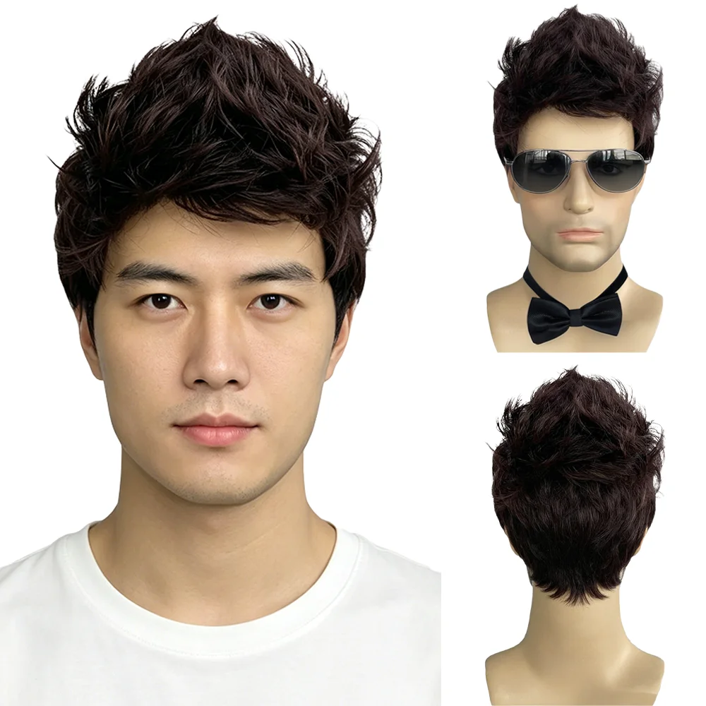 Natural Realistic Men Short Curly Wig Dark Brown Fluffy Layered Synthetic Hair Wig Male Full Head Wig For Daily Party Cosplay