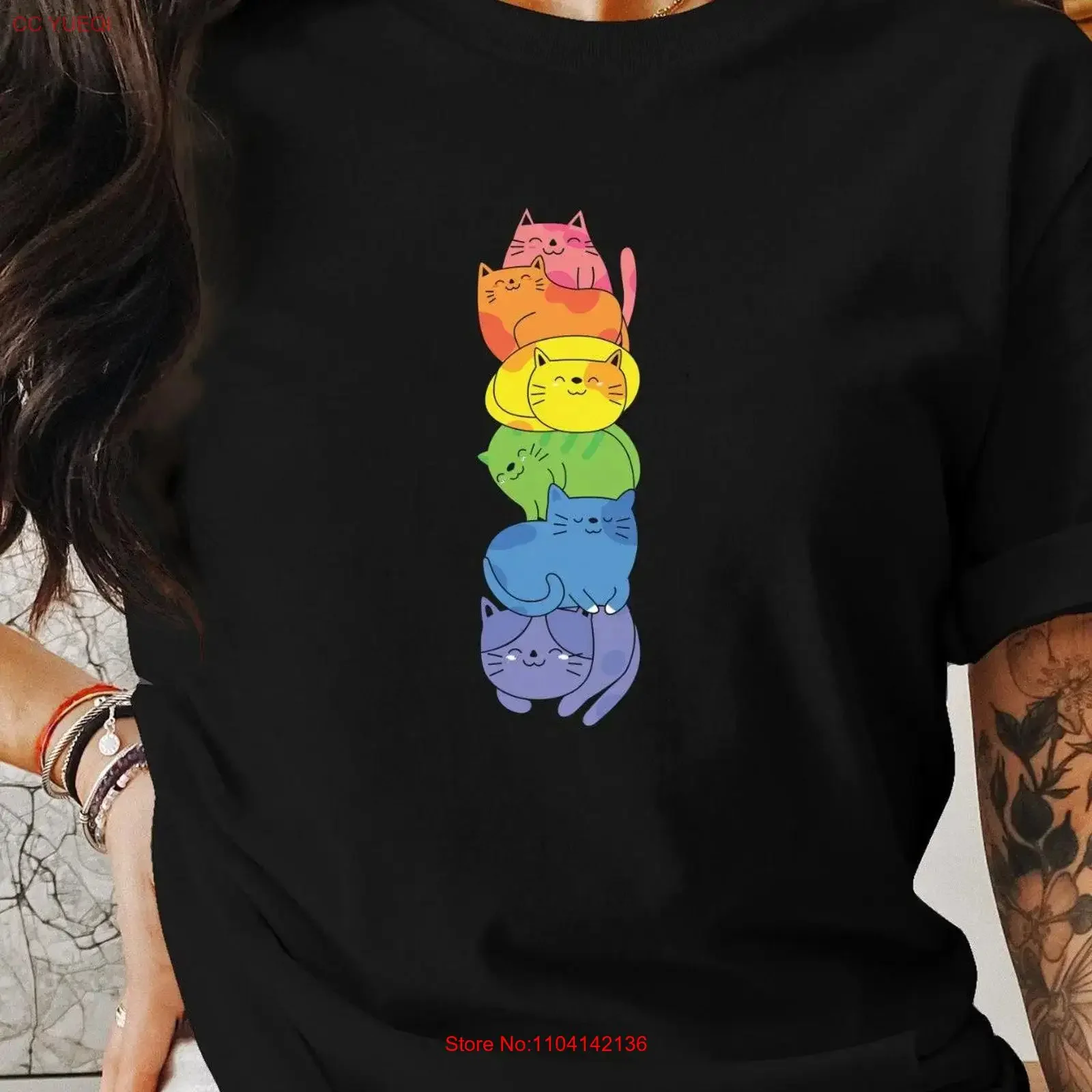 Colorful Pride Cat Stack T Shirt Cute Rainbow Cats Lovers LGBTQ Support vintage Washed Top For Everyday Wear streetwear
