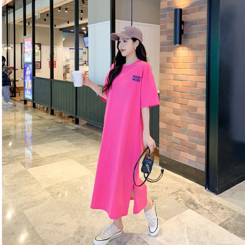 Summer Casual Long Dress Women's Loose Printed Letter Short Sleeve Mid-calf Length T-Shirt Dress Korean Style Split Dress