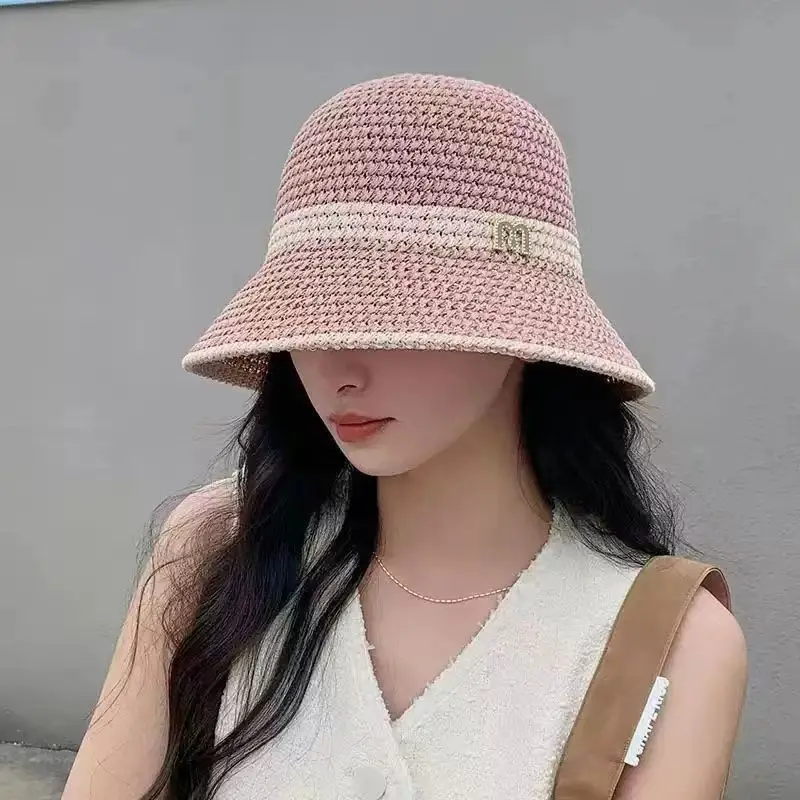 Quick-Drying Hat Summer Knitted Hollowed out Breathable Fisherman Hat Female Letter All Casual Sunshade Sunblock Hat Thin Bucket