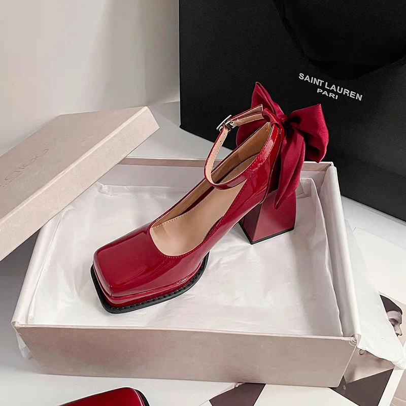 

Ladies Shoes on Sale 2024 New One-word Buckle Women's Pumps Autumn Square Toe Solid Butterfly-knot High Heels Mary Jane Pumps