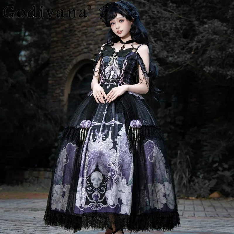 

Lolita Dark Gothic Skirt Outfits Women Vintage Clear Series Elegant Top High Waist Skirt Two Pieces Suit Female Summer Set