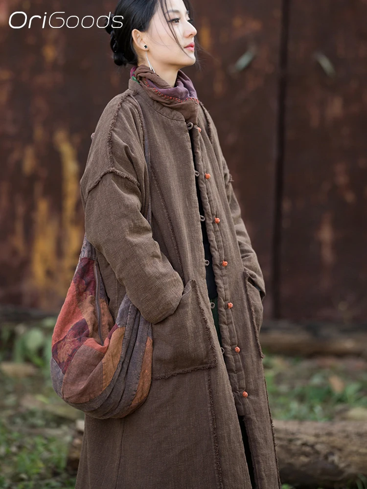 OriGoods Cotton Padded Long Winter Coat Woman Oversized Parka Jackets Warm Quilted Jacket Chinese Winter Clothes Outerwear B355