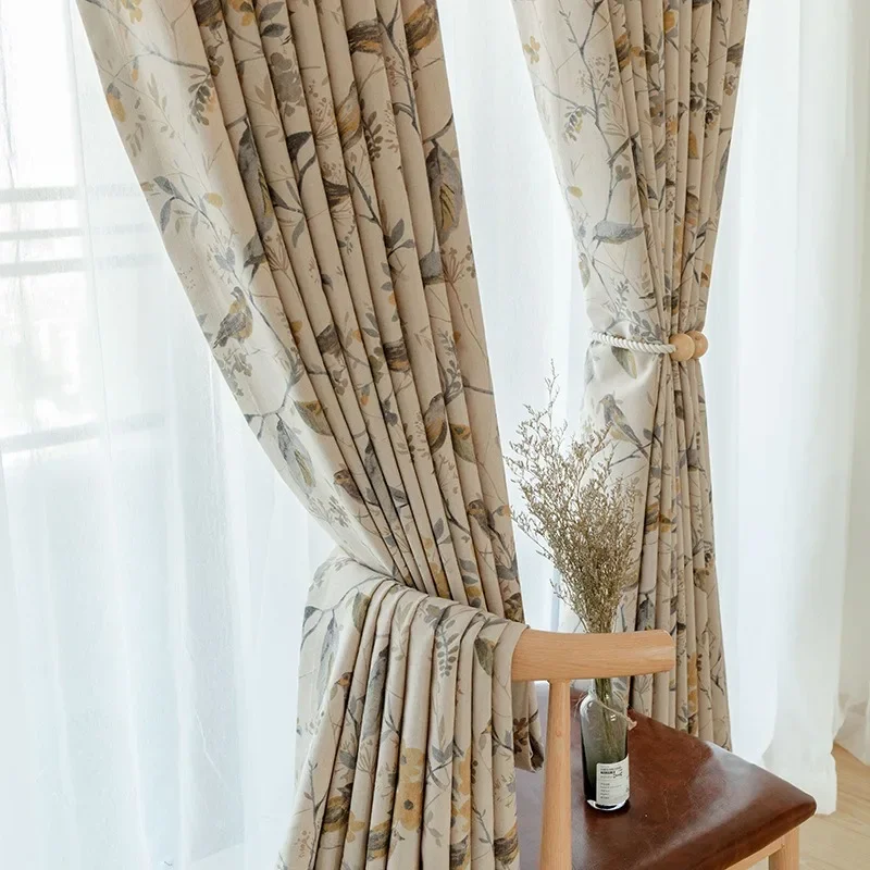 

Cotton Linen Curtains for Living Dining Room Bedroom Printed Curtain Decorative Fabric Bird Tree Branch Vintage Chinese Style