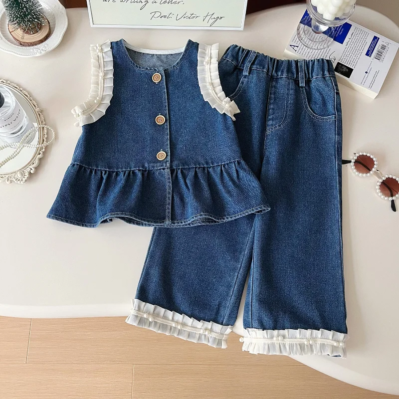 

Girls' Western Style Denim Leisure Suit Autumn New Children's Vest + Wide-leg Pants Two-piece Set Girl Clothes for 2-7yrs