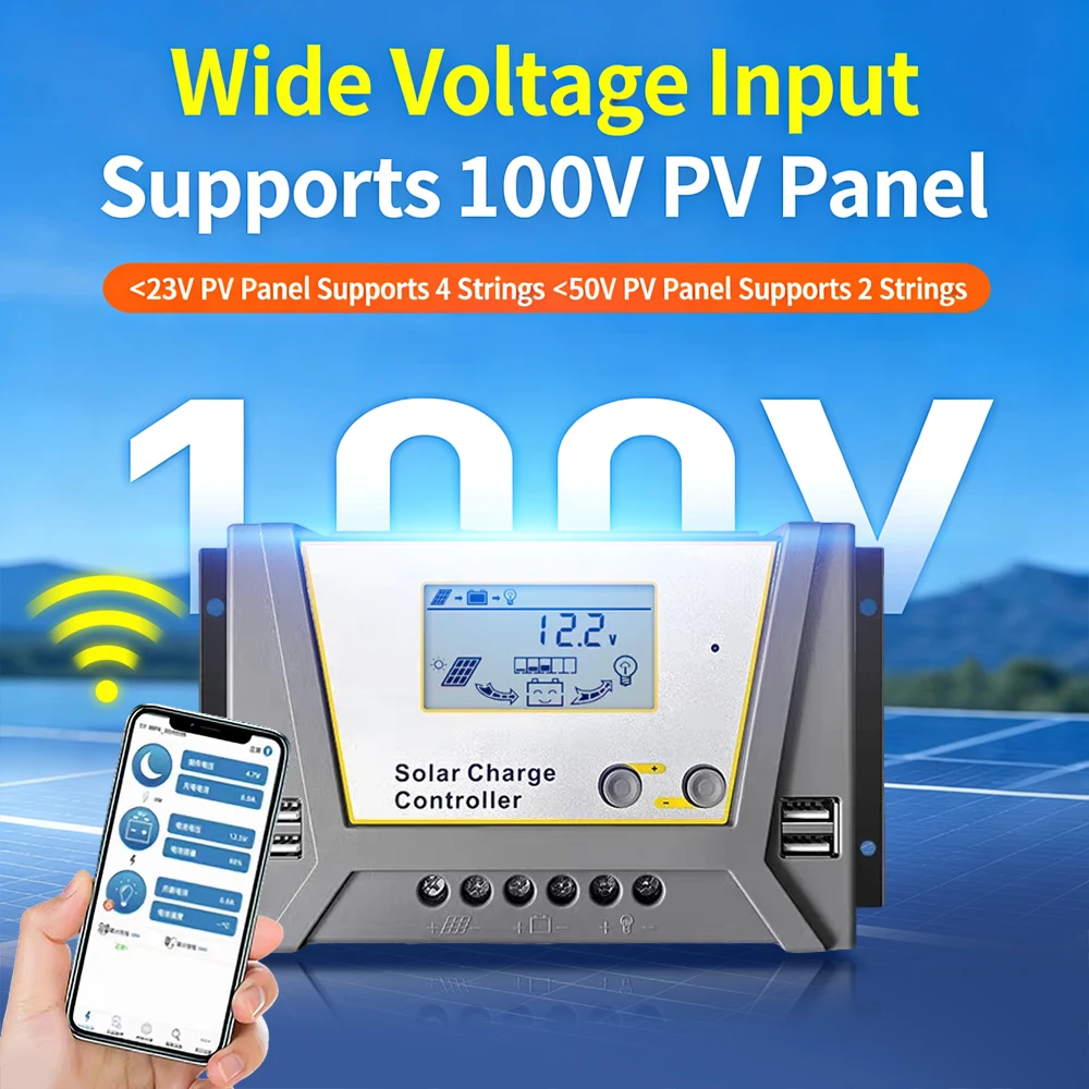 

12V/24V/48V Auto Solar Charge & Discharge Controller with APP Control, Max 100V Open Circuit Voltage IP32