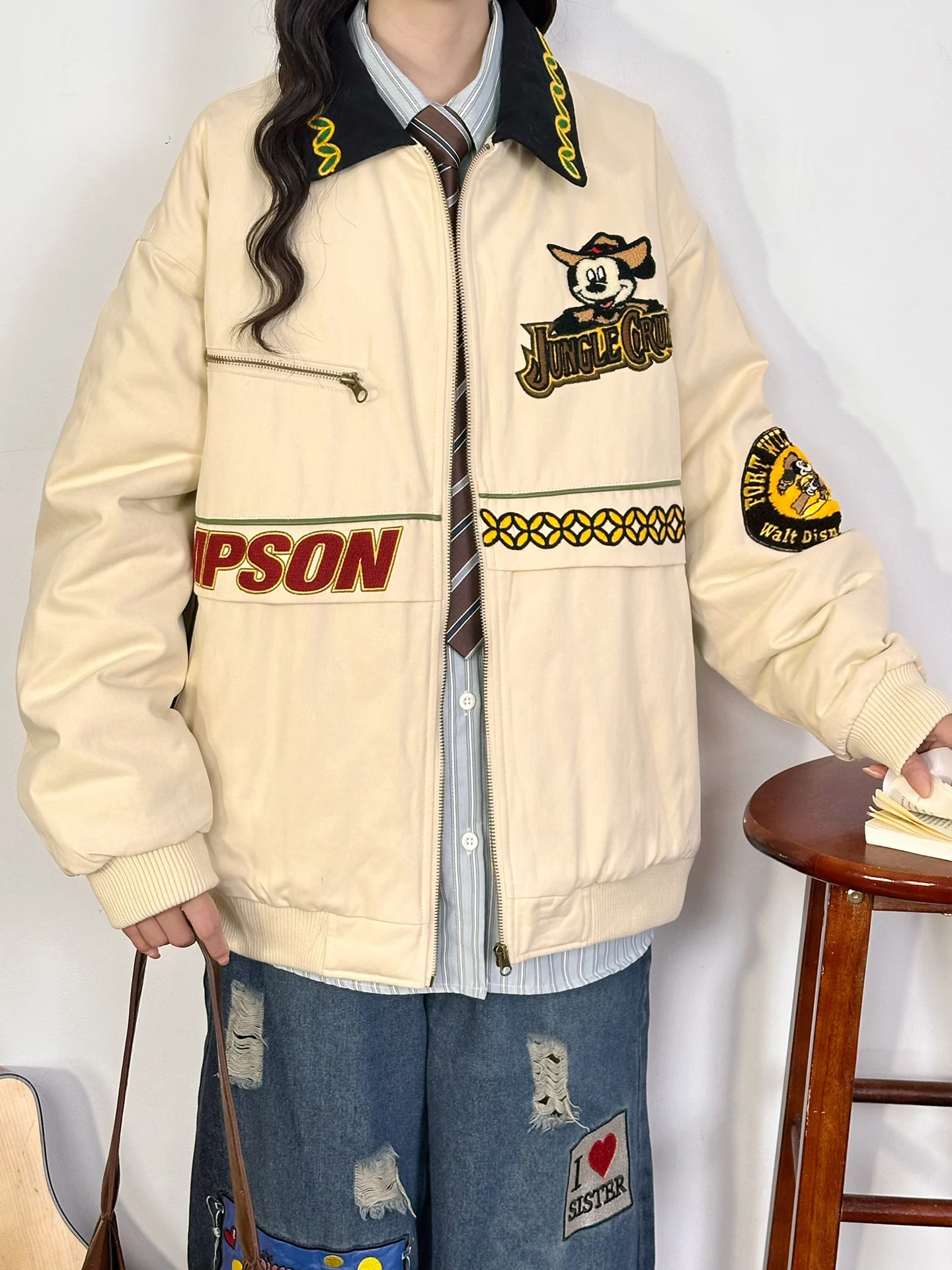 

Свободная женская хлопковая куртка с вышивкой и контрастными вставками, зимняя верхняя одежда в уличном стиле, повседневная, с длинными рукавами, на молнии