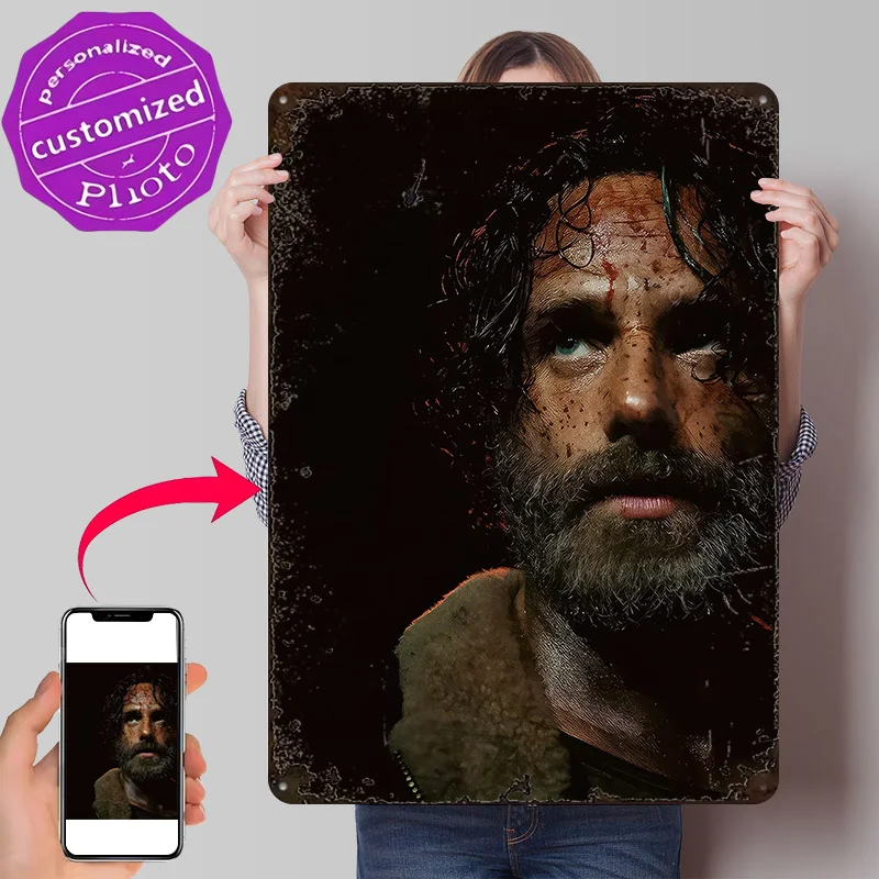 The Walking Dead Rick Grimes Portrait 3D Printed Texture Poster Personalized Wall Art Retro Metal Tin Signs for Room Decorations