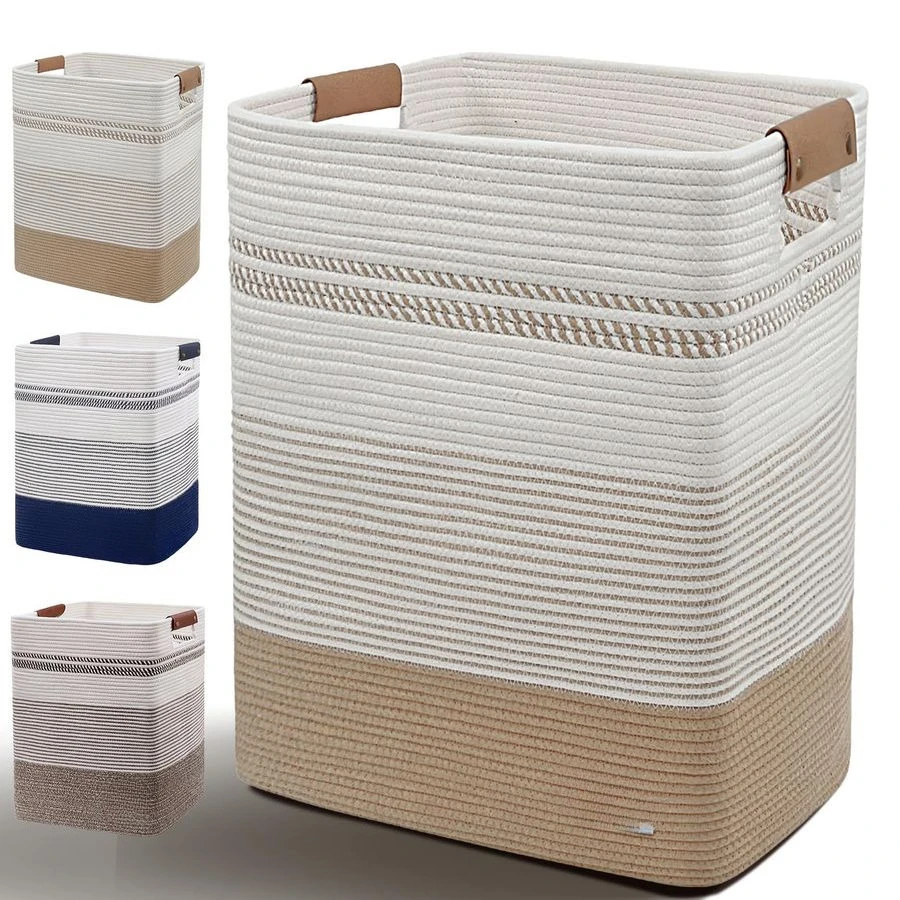 

Большая корзина для белья с кожаными ручками, декоративная плетеная корзина из хлопкового каната для одеял, корзина для одежды L