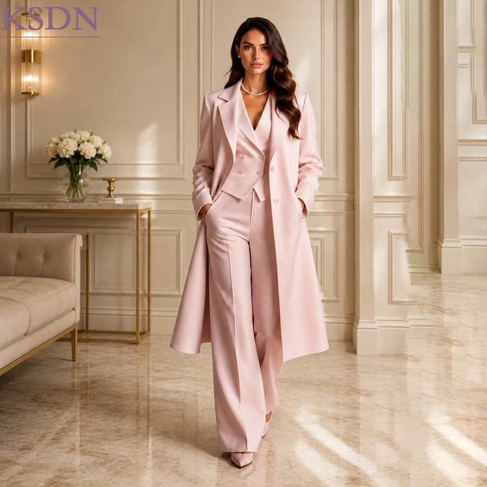 Fashion Pink Women's Long Suits Elegant Single Breasted Skinny 3 Piece Jacket Pants Vest Full Sets Customized Businss Outfits
