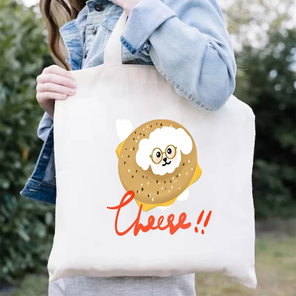 

Simple White Canvas Tote with Cute Dog - Big Capacity Reusable Shopping Bag, Hand Carry All for Market Trips, Work & Storage