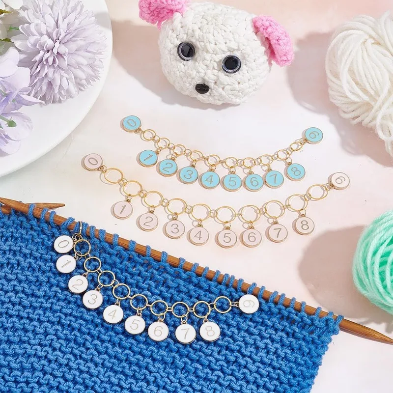 2 Pcs 0-9 Enamel Number Knitting Row Counter Chains Alloy Stitch Markers Row Counting Accessories for Knitting Crochet Tracking
