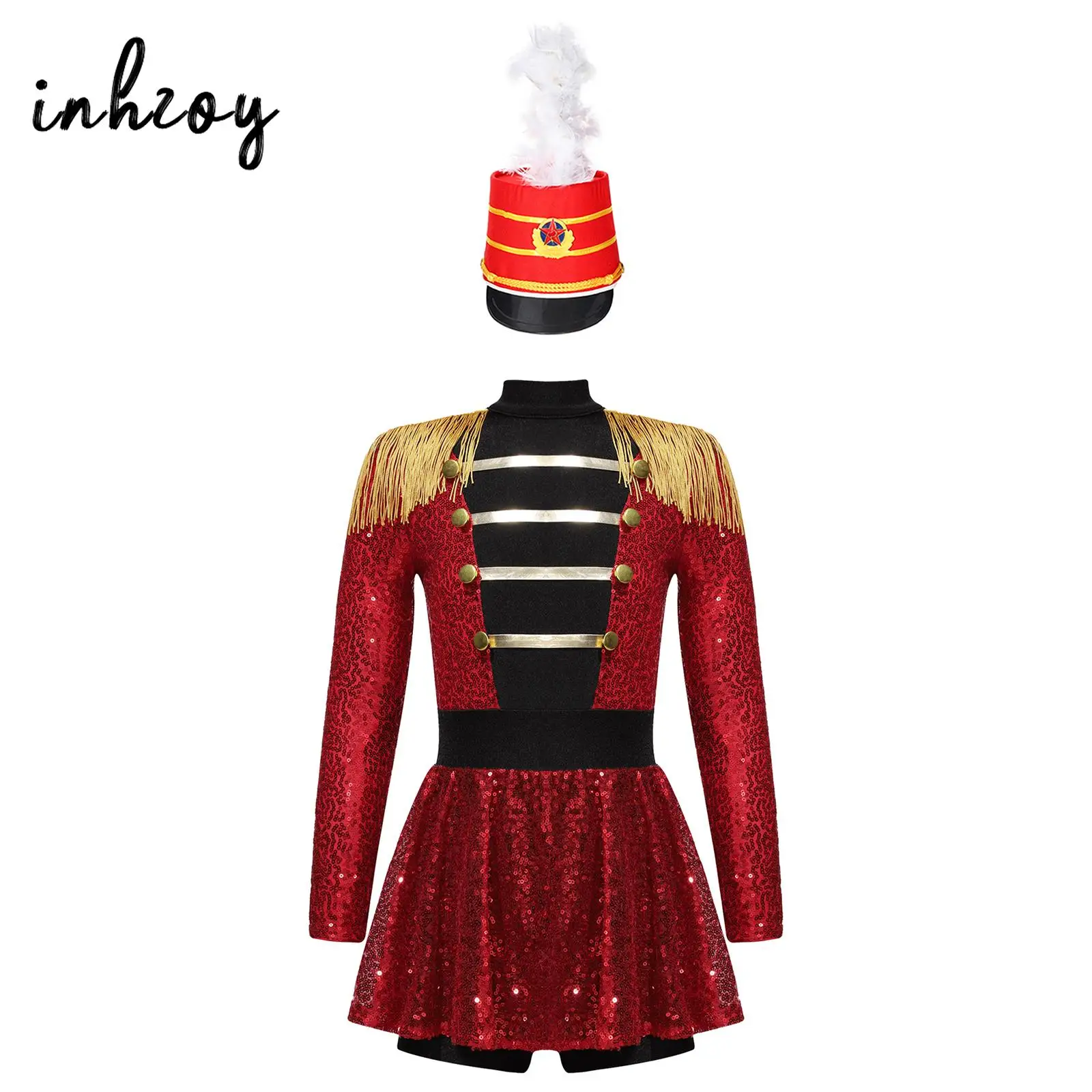 Girls Ringmaster Circus Costume Sparkly Sequins Bodysuit with Drum Major Hat Marching Band Flag Raiser Honor Guard Uniform Set