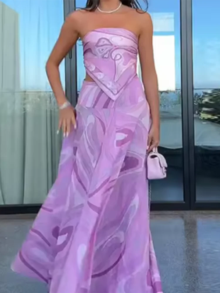 

Fashion Contrast Color Printed Bohemian Vacation Sets Elegant Lady Beach Outfits Sexy Backless Lace Up Vest And Half Skirts Sets