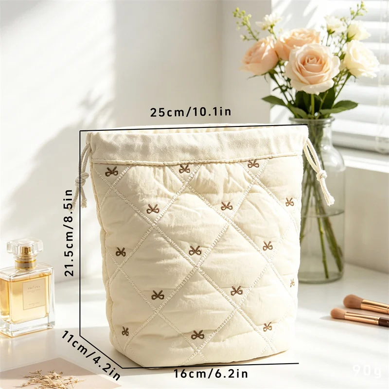 Quilted Drawstring Cosmetic Tools Bag Large Capacity Bow Embroidery Travel Makeup Brush Organizer Soft Cotton Wash Storage Bag