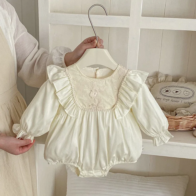

2026 New Spring Toddler Baby Girl Romper Long Sleeved Cotton Lace Splicing Korean Style Climbing Suit 0-24M Baby Girl Clothing