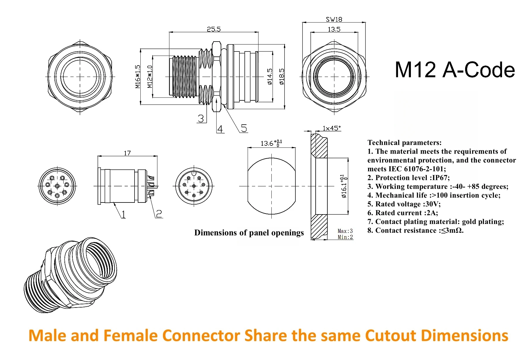 M12 A-Code 8-Pin auf RJ45 Ethernet-Adapter IP67 Paneelmontage-Durchgangsbuchse Rundsteckverbinder für Sensor-PLC – Detail 1