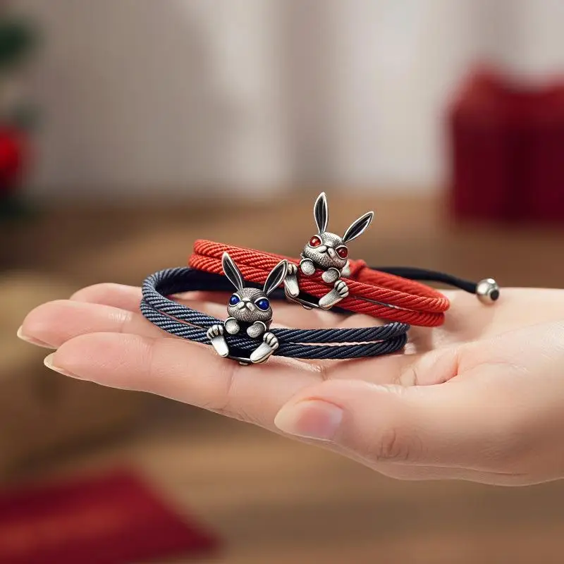 Chinese Zodiac Bracelet 925 Silver Frosted Rabbit Birthday Year Woven Hand Rope Birthday Gift