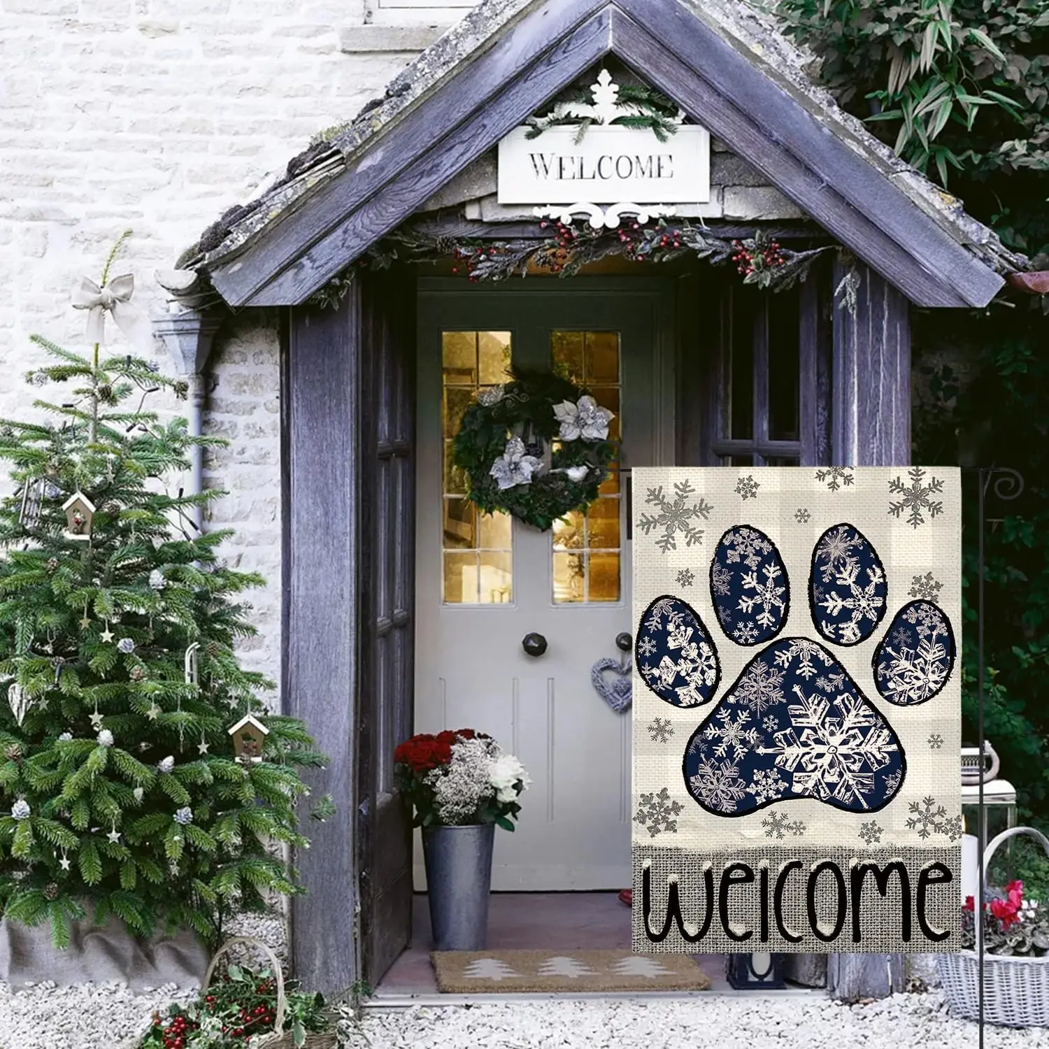 AVOIN colorlife Welcome Snowflake Paw Print Winter Garden Flag 12x18 Inch bbp