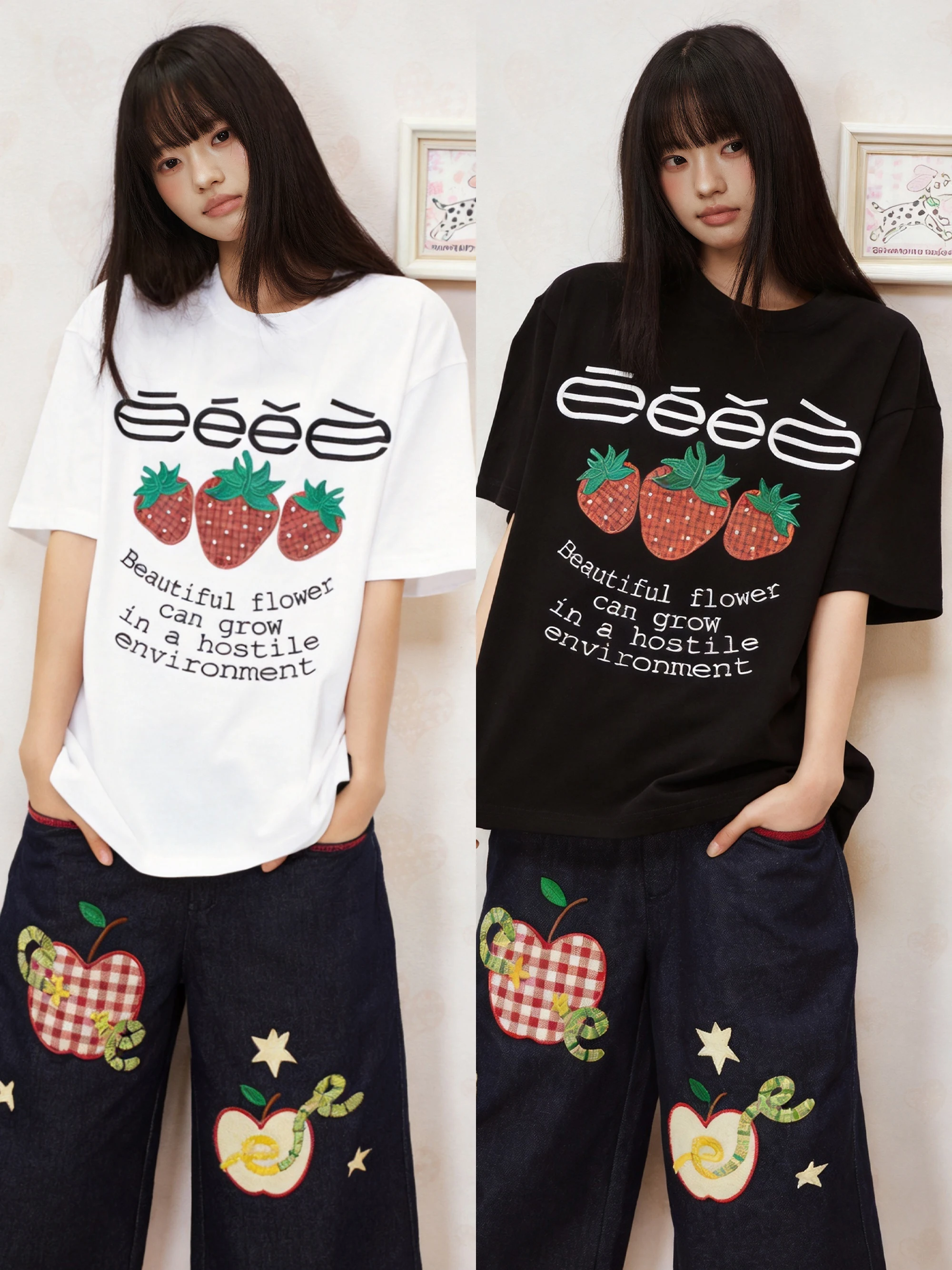 Strawberry Embroidered Patchwork Short Sleeve T-Shirt Letter Slogan Summer Breathable Skin-Friendly round Neck Casual Top