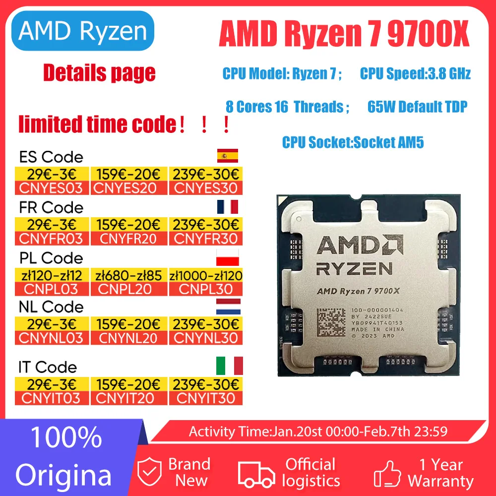 AMD Ryzen 7 9700X Processor 5.5GHz 8-Core 16-Thread 40MB Game Cache 4NM TDP 65W Socket AM5 Gaming CPU Zen 5 amd ryzen7 am5 9700X