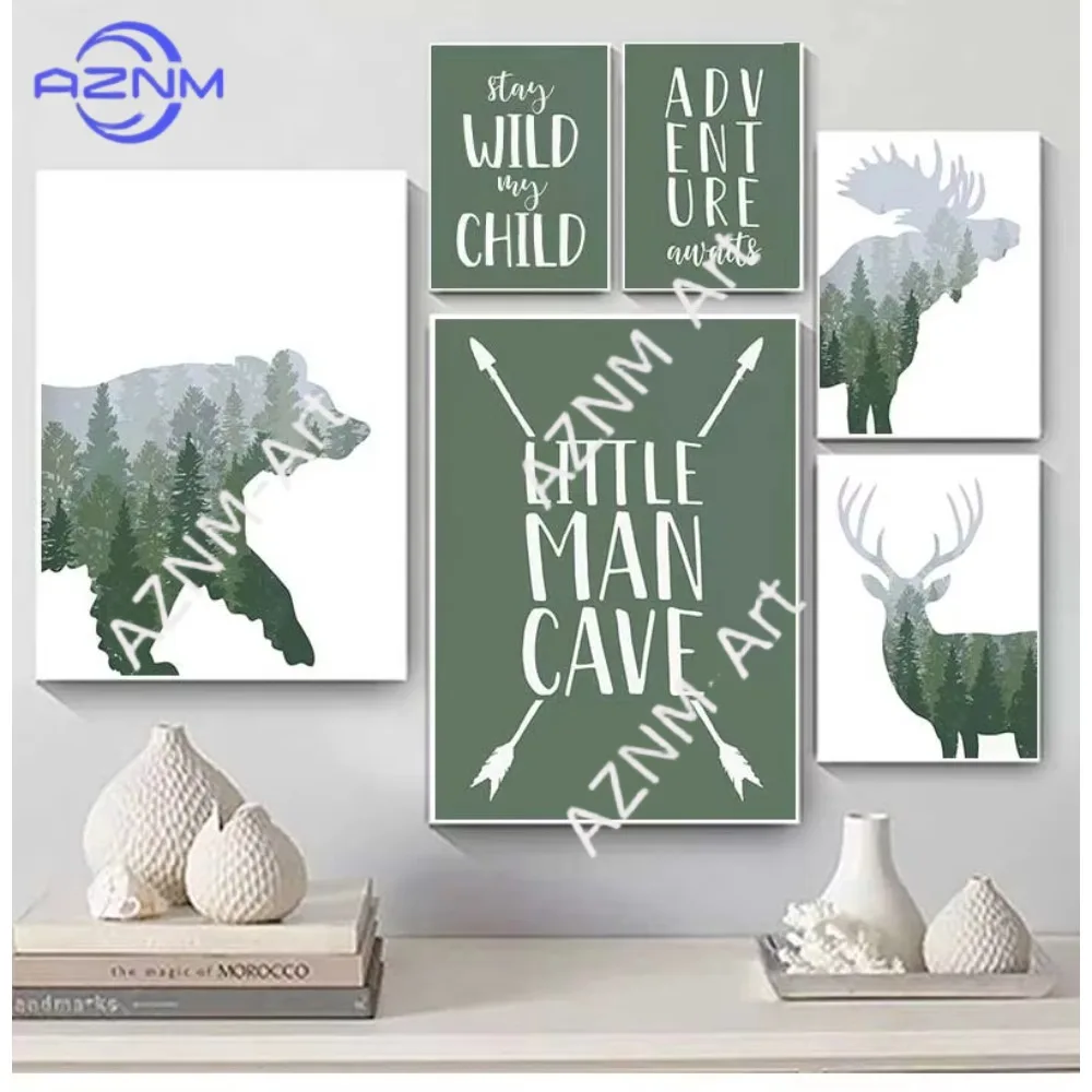1/6pcs Deer Bear Moose Green Woodland Quote Nursery Wall Art Canvas Painting Nordic Posters And Picture For Kids Room Decor