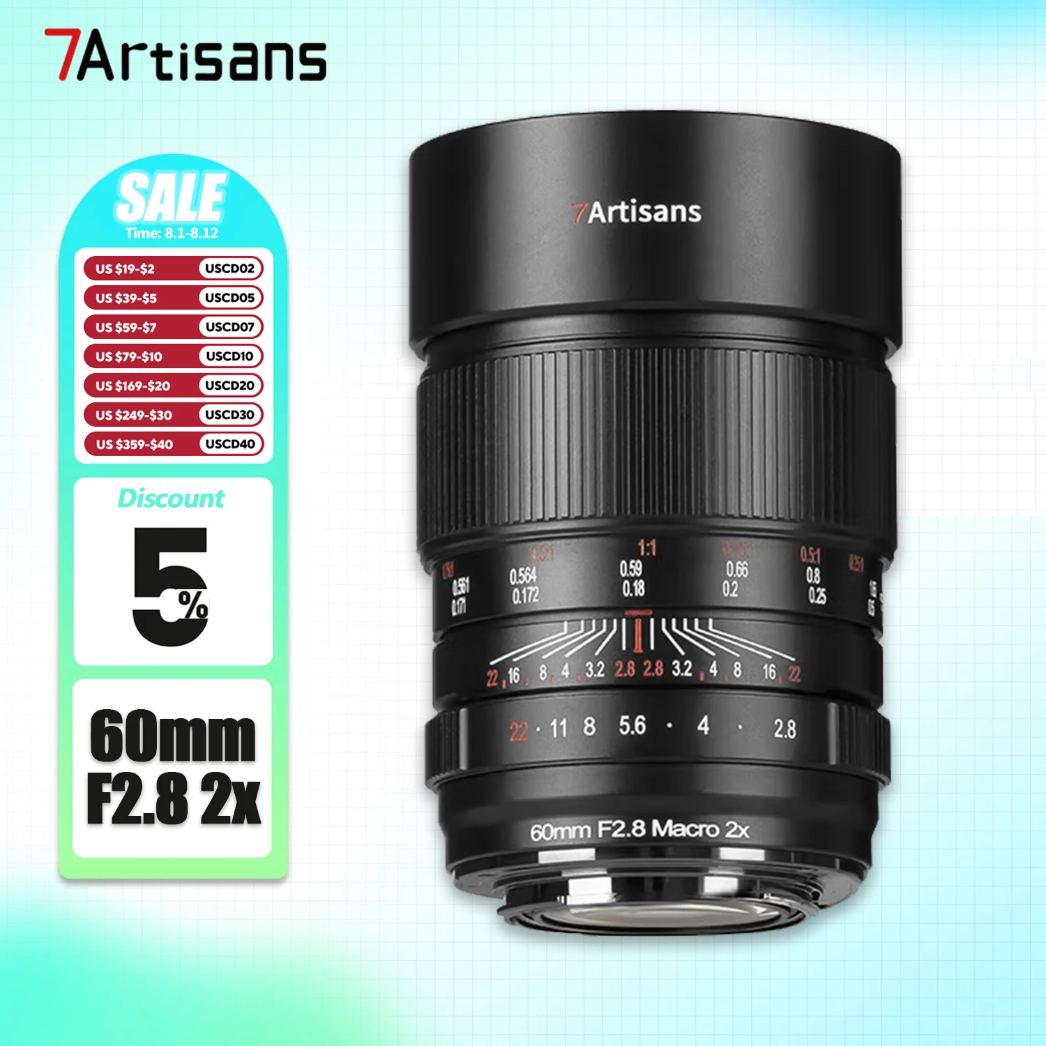 

7artisans Full Frame 60mm F2.8 Macro 2X Camera Lens with 2:1 Magnification for Insect Photography Sony E A7RIII Nikon Z Canon RF