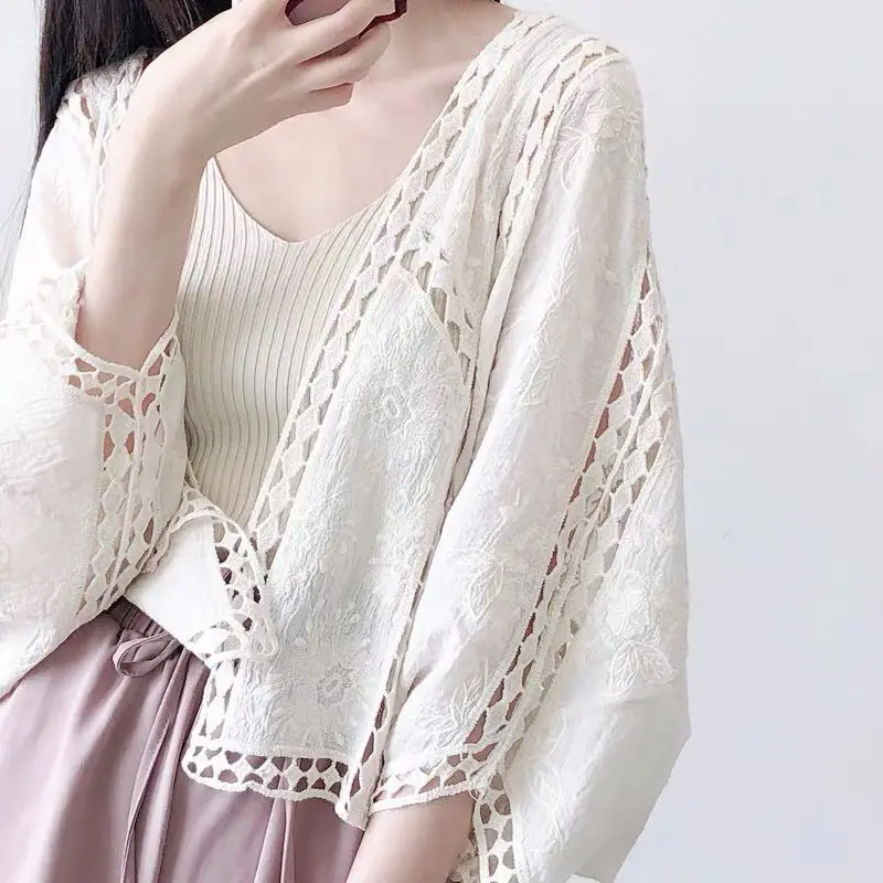 Knitted Cardigans Women Hollow Out Summer Thin Clothes Vintage Chic Graceful Sun-proof All-match Simple New Aesthetic 6 Colors