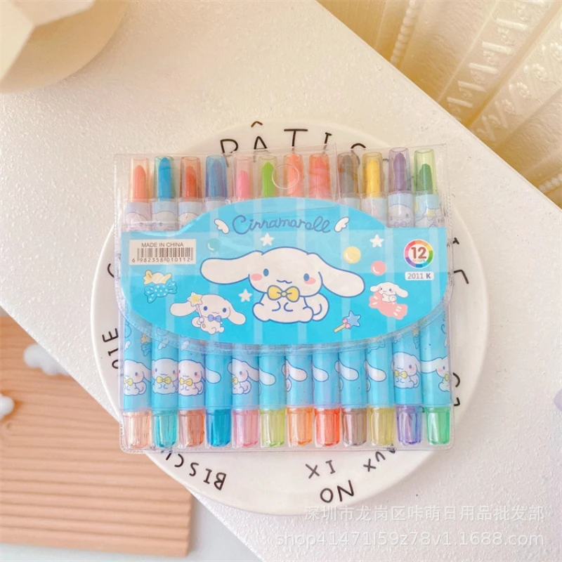 12Pcs Sanrio Graffiti Pen Kuromi My Melody Cinnamonroll Rotate Scalable Color Crayon Cartoon Doodle Pen Drawing Kid Marker Pens