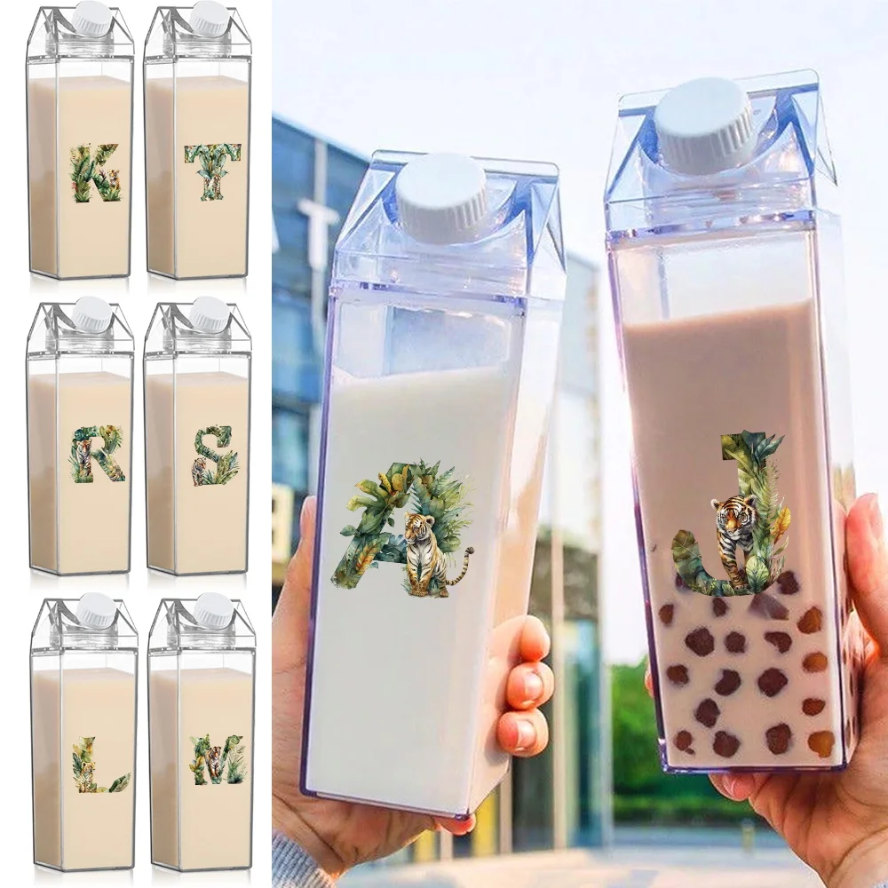 

1000ml Durable Milk Cup Storage Travel Coffee Tea Juice Milk Carton Outdoor Large Capacity Container Jungle Tiger Letter Pattern