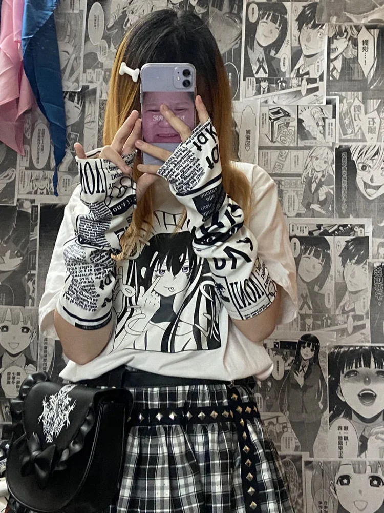 KOSAHIKI Gothic Lolita Glove Arm Cover Harajuku  Warmers Cartoon Print Fingerless Punk Long Wristband Cosplay Gloves