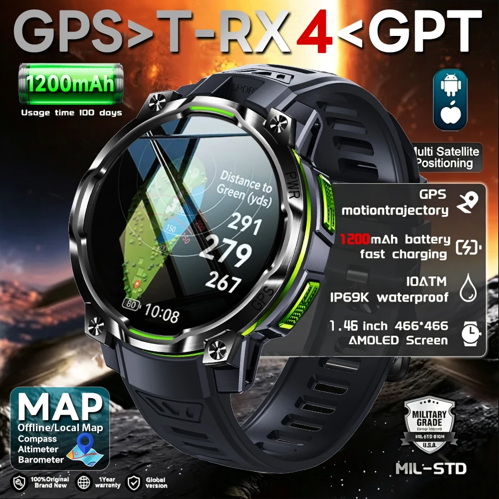 New Professional GPS Sports Offline Map Smart Watch Men 1200mAh Battery Waterproof Compass Barometer Military Outdoor Smartwatch