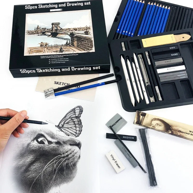 50 قطعة مجموعة أقلام رصاص رسم قلم رصاص خشبي الفنان المبتدئين المهنية رسم الجرافيت الفحم قلم رصاص ممحاة رسم عدة
