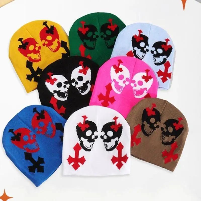 

652F Knit Double Skull Pattern Handmade Elastic Hat Soft Winter Warmer Knit Hat Cold Winter Presents for Students Teens