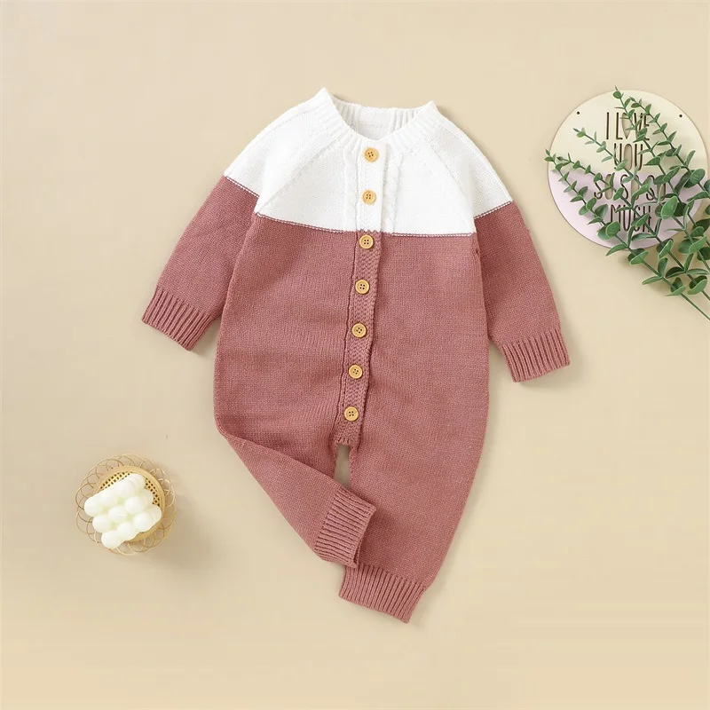 Baby Girl Button Down Jumpsuits Long Sleeve Contrast Color Knit Rompers Newborn Winter Outfit